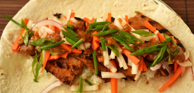 Asian wrap with grilled peanut butter, miso and beer tofu and daikon slaw